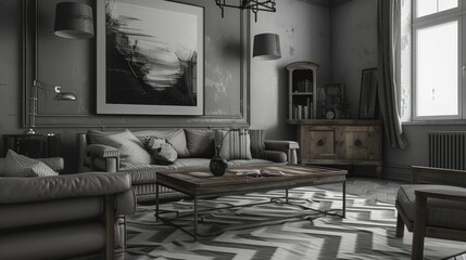 An inviting monochrome living room with a touch of rustic charm, characterized by weathered wooden furniture and accents, harmonizing with the sleek grey tiling and a timeless chevron pattern rug