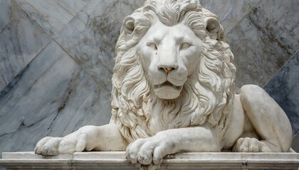 lion statue white stone loin on the wall, marble background