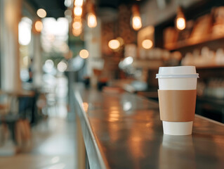 Unbranded Takeaway Coffee Cup on Cafe Counter with Bokeh Lights, Copy Space