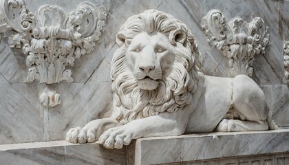white stone loin on the wall, marble background , historic 