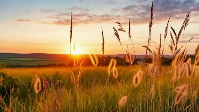 Beautiful natural panoramic countryside landscape. Blooming wild high grass in nature at sunset warm summer. Pastoral scenery. Selective focusing on foreground