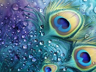 
a mesmerizing graphic featuring a peacock-colored background formed by the intricate arrangement of water droplets, ethereal pattern, vibrant blues, greens, and purples, feathers