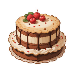 Illustration of chocolate cake with biscuits and cherries