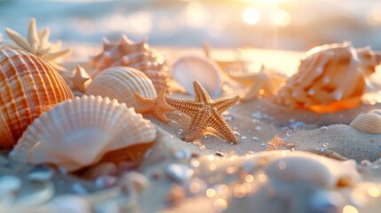Close-up of assorted seashells and starfish on the beach with sparkling sunlight reflecting on the sea foam.