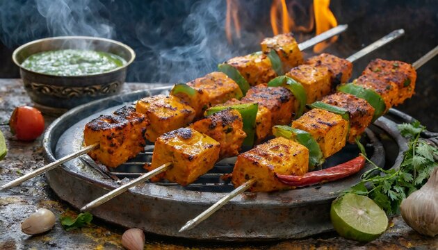 Paneer tikka with vegetables on skewers kept in grill.