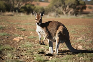 Naklejka na ściany i meble Iconic red kangaroo roaming freely in picturesque Australian outback