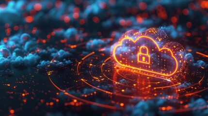 Data cloud with padlock icon floating in the center of it.