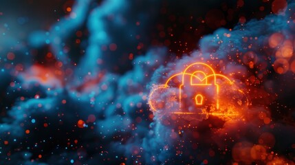Data cloud with padlock icon floating in the center of it.