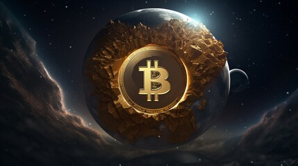 A cosmic event where planets align in the shape of the Bitcoin symbol, illustrating the universal impact of cryptocurrency on financeFuturistic - obrazy, fototapety, plakaty