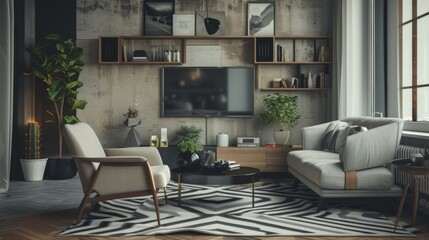 A sophisticated monochrome living room with a blend of textures, from the smooth wooden surfaces to the sleek grey tiling accents, all tied together by a stylish chevron pattern rug, 