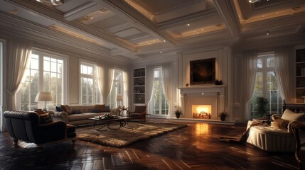 A sophisticated living room with polished hardwood floors, a beautifully crafted coffered ceiling, and a roaring fire in the fireplace, creating a cozy and inviting atmosphere in a new luxury home