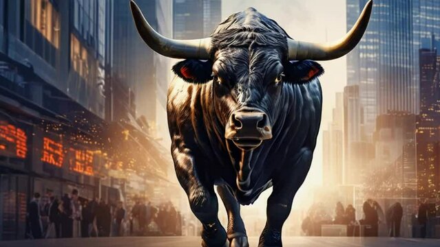 a bull on stock trading market background, business concept

