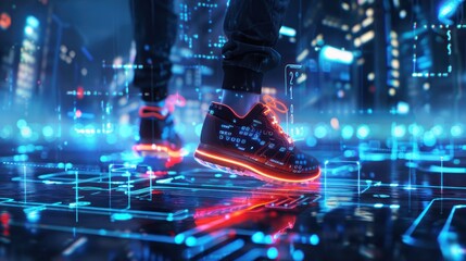 Digital rendering of an AI feet in futuristic shoe representing innovation and artificial intelligence technology.