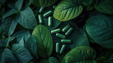 Close up of green multivitamin and other natural plant based supplement pills.
