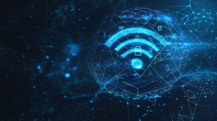 Blue glowing wifi icon on dark background. Technology concept. 3D Rendering