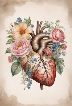 old painting art style of floral heart anatomy, combination of human heart and wild plant and beautiful flower 