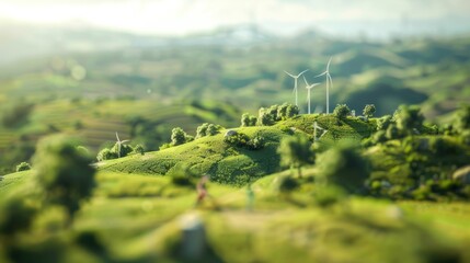 3d illustration of wind turbines in a green landscape. 3d rendering