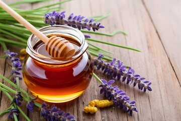 Image Honey jar with dipper stick and lavender flowers, beekeeping concept