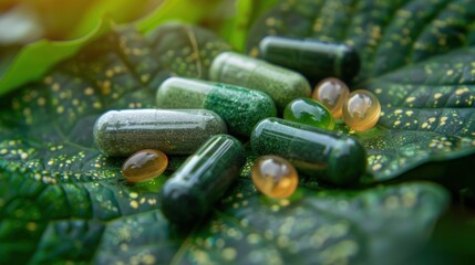 Green pills on green leaf background. Pharmacy drugstore concept.