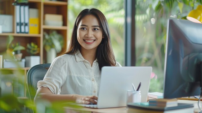 Asia adult happy people or sme owner latin lady sit consult talk in online seminar reskill upskill job discuss class for worker