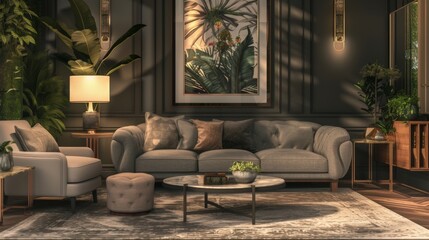 A beautifully decorated living room with a plush grey sofa, stylish armchair, and ambient glowing lamps, exuding a sense of coziness and tranquility perfect for unwinding after a long day