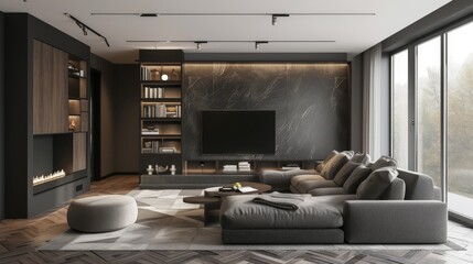 In a monochrome living room with wood and grey tiling accents, a chic chevron pattern rug serves as the focal point, adding visual interest and dimension to the space