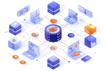 Data center isometric flowchart with server and computer icons on white background vector illustration