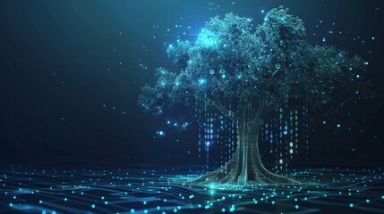 Digital tree with sprouts and binary code in glowing futuristic polygonal style. - obrazy, fototapety, plakaty