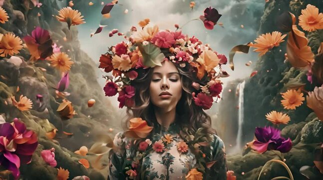 Floral Person Intertwined with Nature Against Surreal Landscape