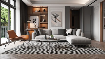 A monochrome living room adorned with wood and grey tiling accents, featuring a stylish chevron pattern rug that adds depth and texture to the space