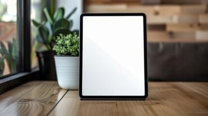 Mock up tablet like iPad stand on the wooden desk in office background with white screen clipping path
