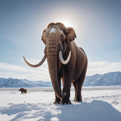 woolly mammoth, ancient animal, elephant or mammoth in snowy place with snow mountain background