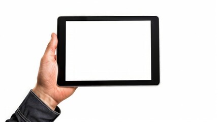 photo of a tablet held by a hand horizontally isolated on white background