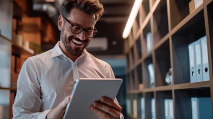 Smiling businessman wearing glasses using computer tablet, standing in modern cabinet, happy positive man enjoying leisure time,