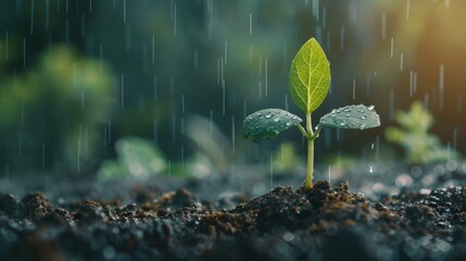 Vintage seedling growing on the ground in the rain. - obrazy, fototapety, plakaty