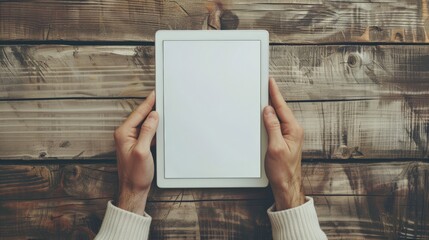 white tablet with a blank screen in the hands on wooden table - obrazy, fototapety, plakaty