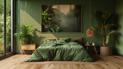 Serene Bedroom Interior with Green Botanical Decor and Jungle Painting..