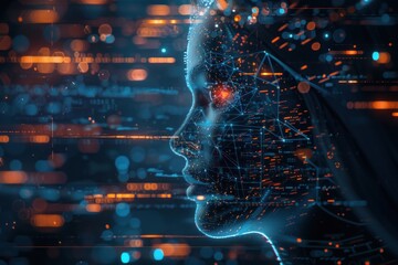 Fototapeta premium Double exposure of cyber woman face and technology background. 3D rendering.