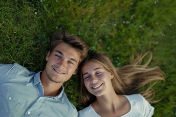 Young happy couple lying on green grass yard in front of new home. 