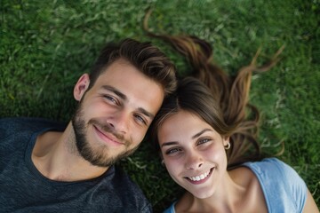 Fototapeta premium Young happy couple lying on green grass yard in front of new home. 