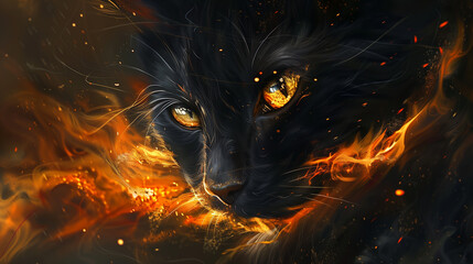 Fototapeta premium Intense Fiery Eyes of a Black Cat with Flame Effects