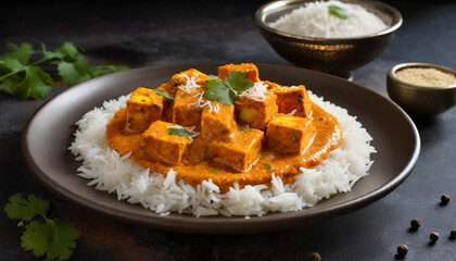 Rice with paneer butter masala on a plate.
