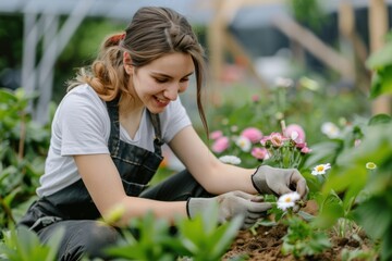 Woman planting gardens flowers agriculture gardener hobby and garden job.