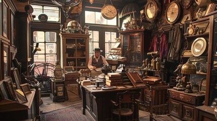The interior of a pawnbroker's shop, filled with the faded grandeur of forgotten treasures - obrazy, fototapety, plakaty