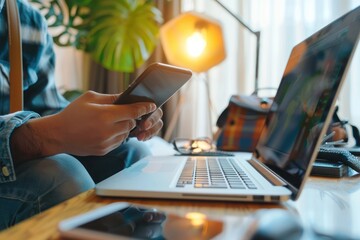 Man using a laptop and smartphone for tour reservation or booking online.