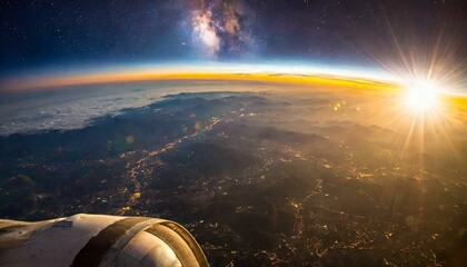 夜明けの地球から見た至高の景色 - 飛行機の窓からの雄大な天の川と大地の光景