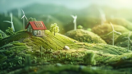 Miniature landscape of green grass, trees and wind turbines on the hillside, eco concept background.