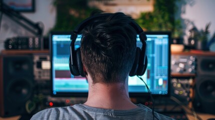 Back view of young man with headphones listening to music in recording studio