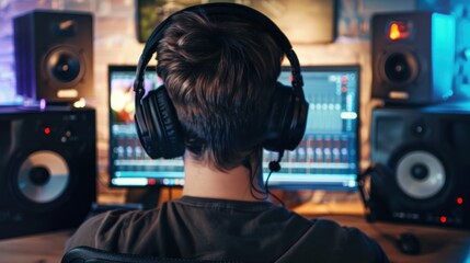 Back view of young man with headphones listening to music in recording studio