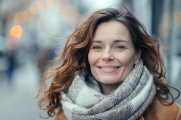 Portrait of a beautiful middle aged woman with long red hair in a gray scarf on a city street
